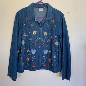 Embroidered Denim Shirt Jacket Womens XL Floral Button Front Western Boho Blue